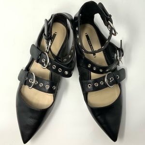 Zara Basics Pointed Toe Black Grommet Buckle Flats